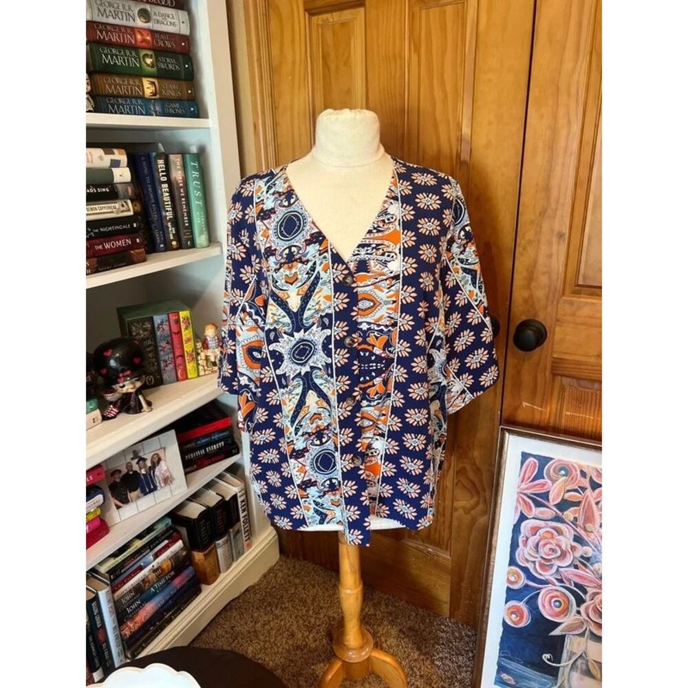 Button down blouse orange and blue XXL